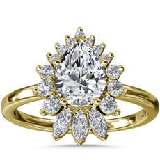 Pear Baguette and Round Ballerina Halo Diamond Engagement Ring in 14k Yellow Gold